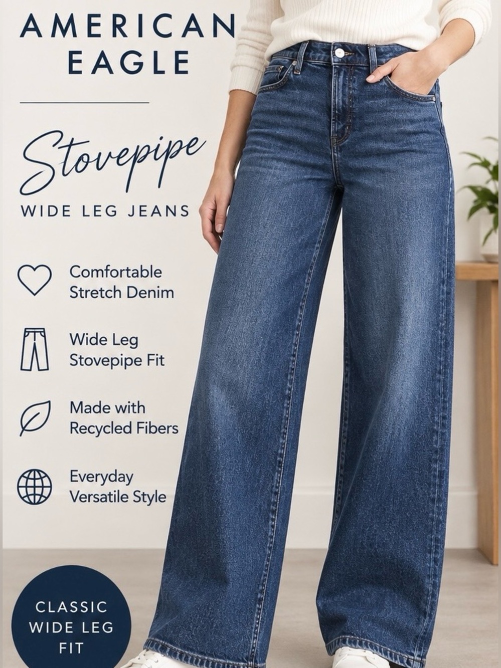 AMERICAN EAGLE STOVEPIPE LONG DARK WASH WIDE LEG JEANS  SIZE 6